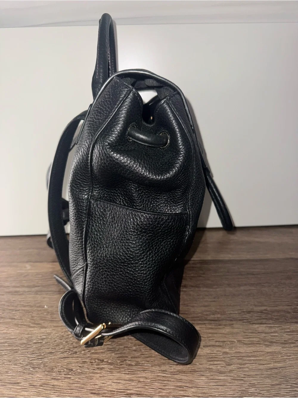 Black Leather Backpack with Gold Logo